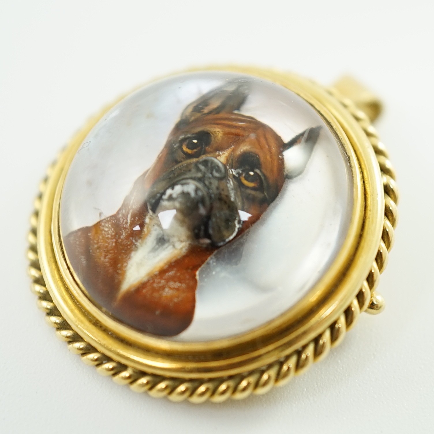 A Victorian gold mounted Essex crystal pendant brooch, decorated with head of a boxer dog